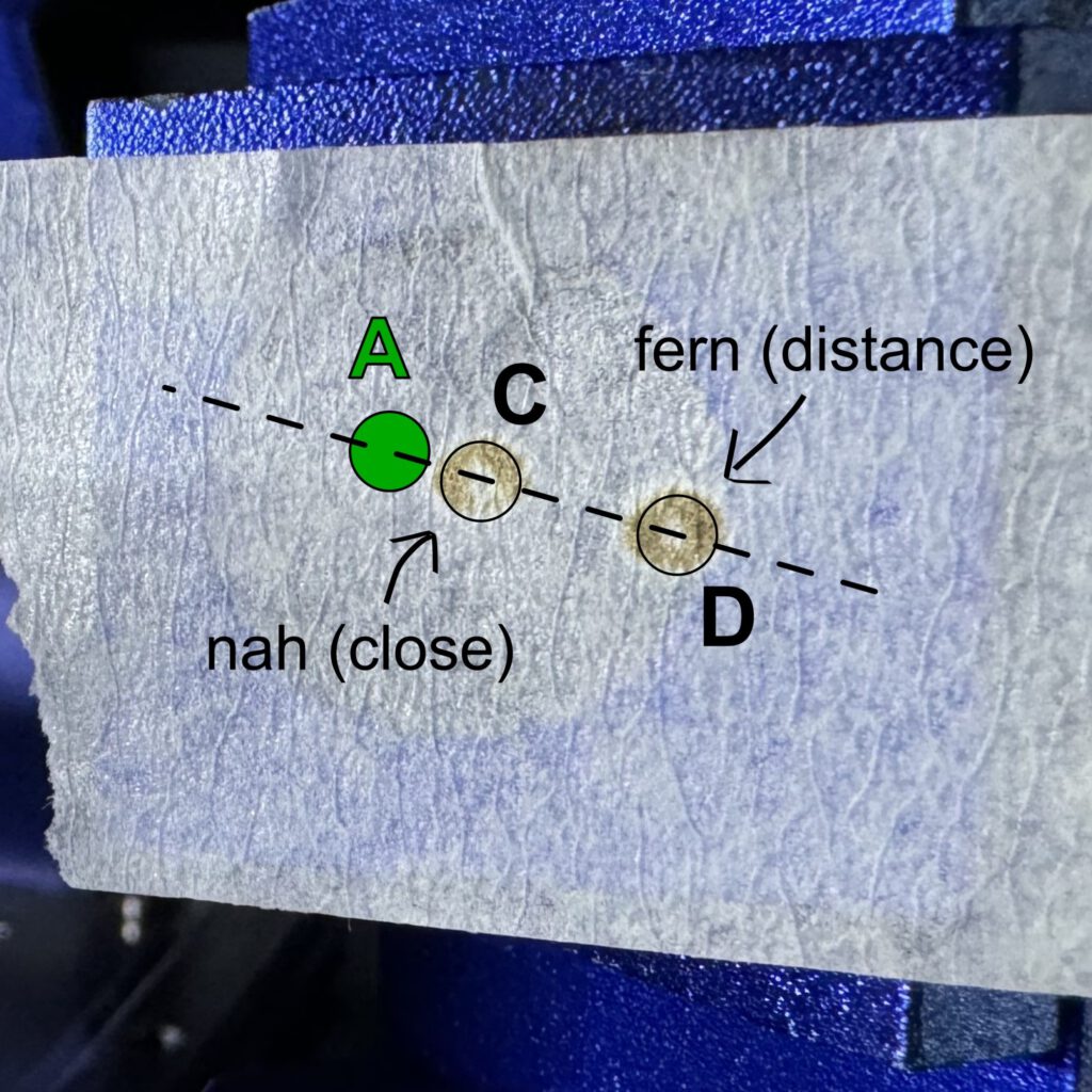 Painter's tape on Mirror 2 showing two laser impact points and an illustration of the ACD alignment method.