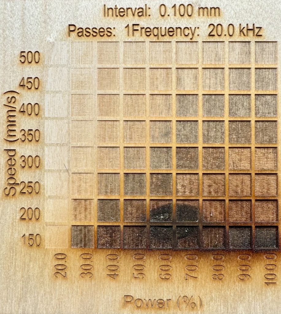 Material test card with speeds from 150mm/s to 500mm/s in 50mm/s increments and power from 20% to 100% in 10% steps