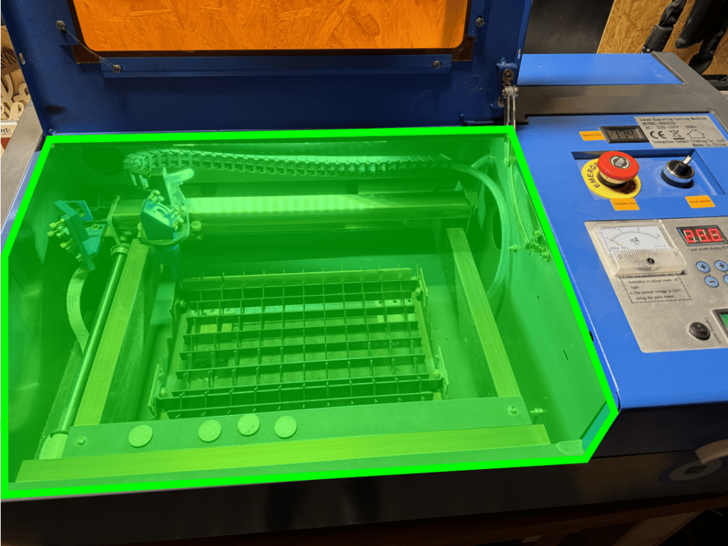 K40 Laser workspace illustrating volume calculation for determining optimal exhaust airflow.

