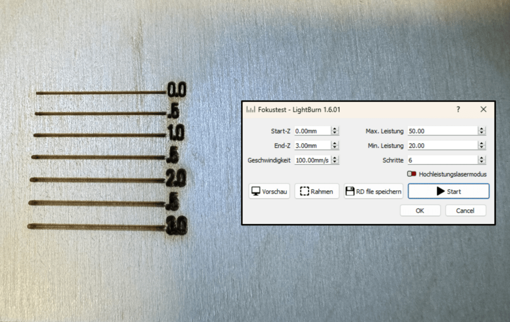 Lightburn focus test engraving showing six lines with varying focal distances, illustrating the importance of precise focus adjustment.

