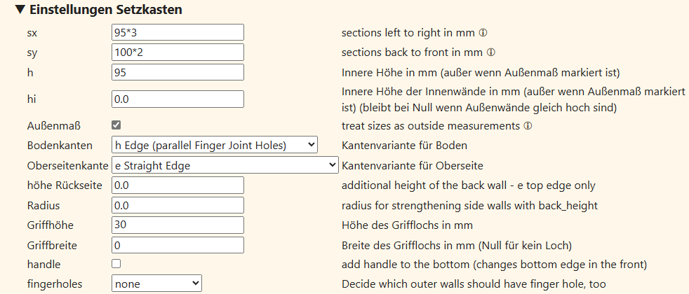 Tabular settings for a type tray in Boxes.py