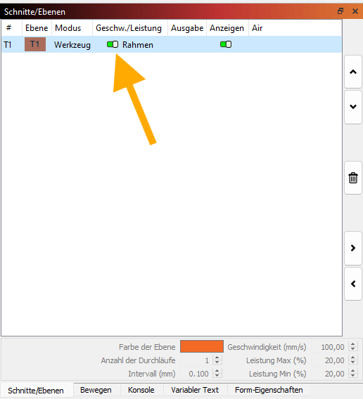 Lightburn screenshot with activated "Frame" option for accurate material positioning in the laser.
