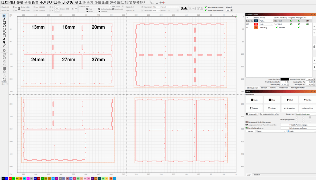 Lightburn interface with four DIN A4 sheets showcasing the sorted parts generated by Boxes.py.