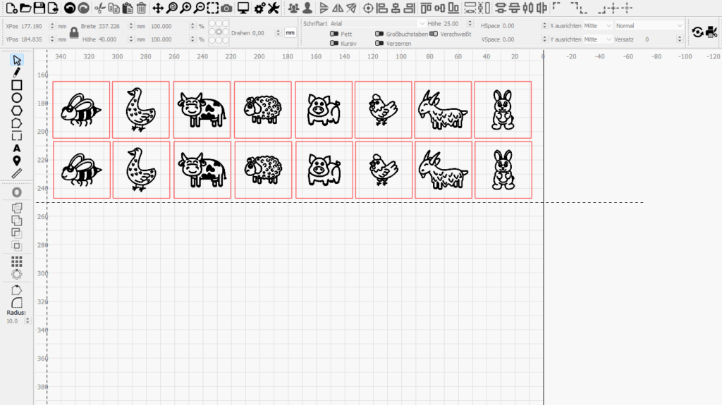 Lightburn interface with memory game cards. 16 40x40mm rectangles featuring animal designs from www.designbundles.net